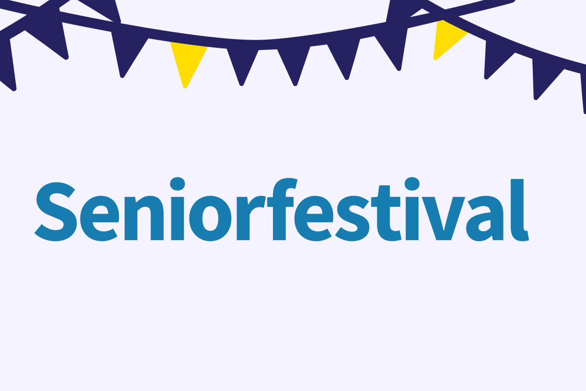 Blå och gula vimplar och texten Seniorfestival i blått.